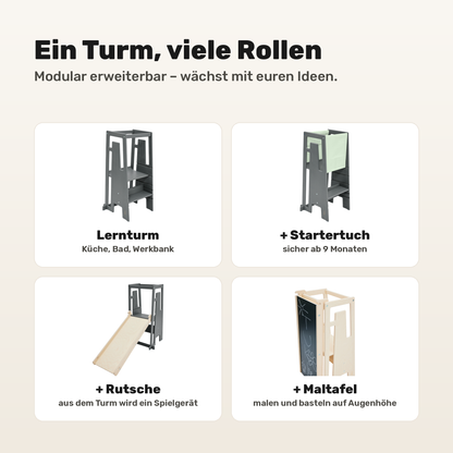 Tuki Lernturm Greywash modular erweiterbar mit Startertuch, Rutsche und Maltafel