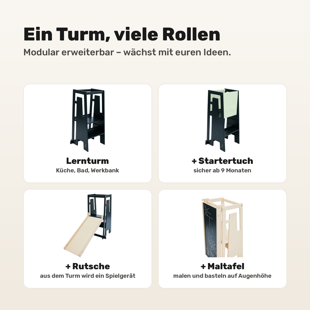 Tuki Lernturm Black modular erweiterbar mit Startertuch, Rutsche und Maltafel